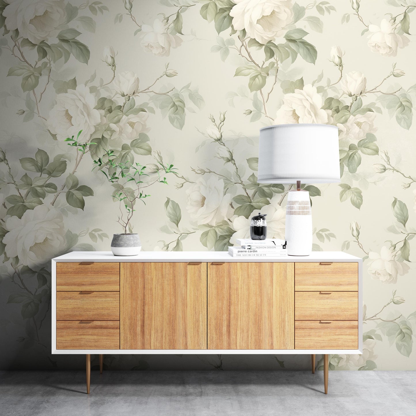 Removable Wallpaper, Green and White Rose Floral - Peel & Stick, Reusable, Self Adhesive, 26 Inch Fixed Panels, Easy Install, Seamless