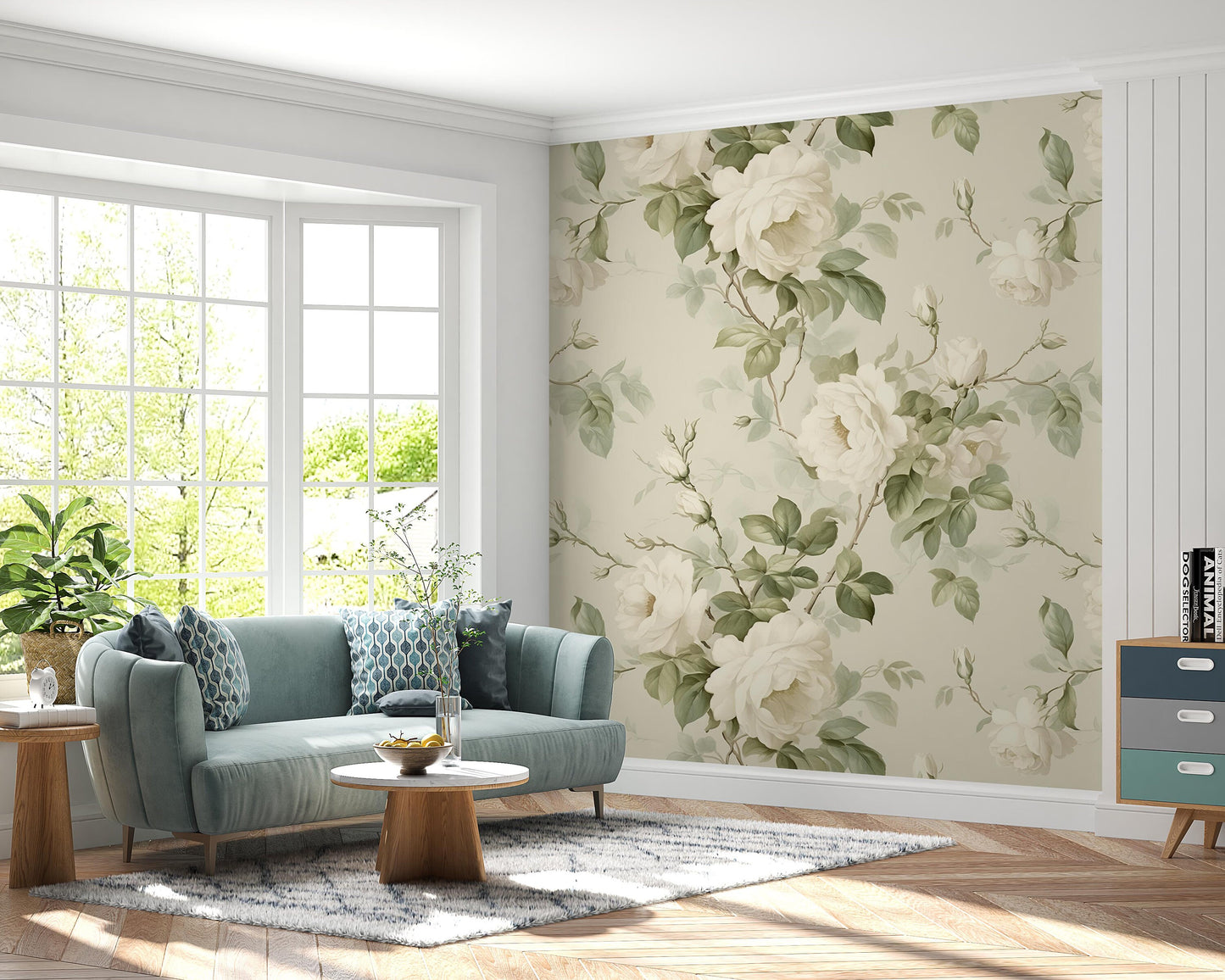 Removable Wallpaper, Green and White Rose Floral - Peel & Stick, Reusable, Self Adhesive, 26 Inch Fixed Panels, Easy Install, Seamless