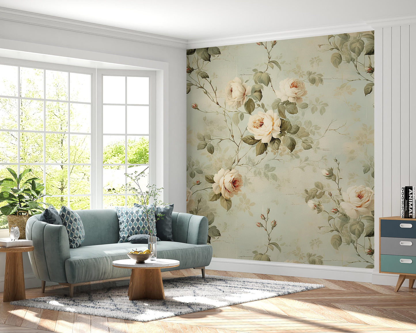 Removable Wallpaper, White and Green Rose Floral - Peel & Stick, Reusable, Self Adhesive, 26 Inch Fixed Panels, Easy Install, Seamless