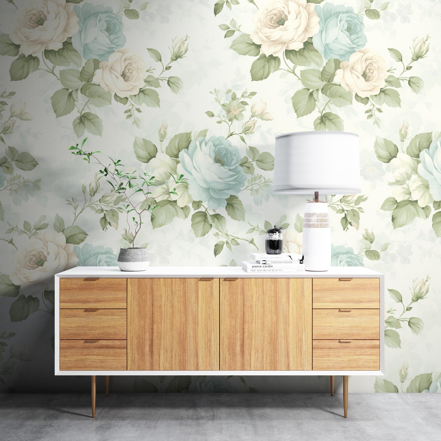 Removable Wallpaper, Green and Blue Rose Floral - Peel & Stick, Reusable, Self Adhesive, 26 Inch Fixed Panels, Easy Install, Seamless