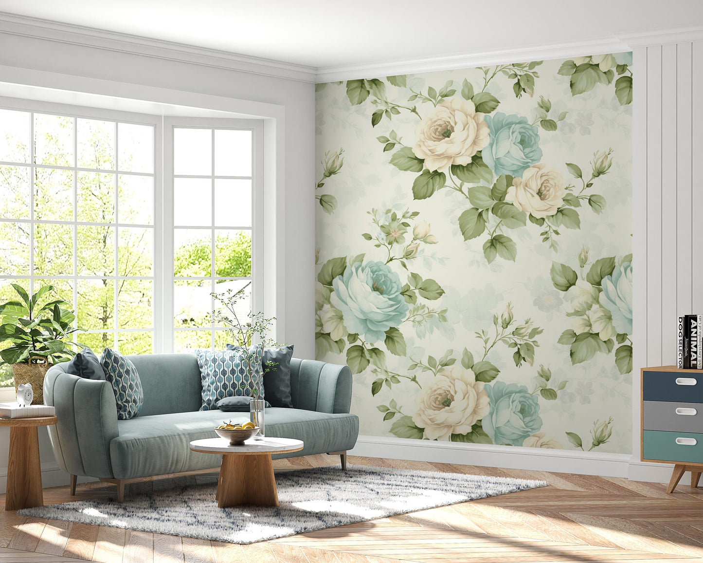 Removable Wallpaper, Green and Blue Rose Floral - Peel & Stick, Reusable, Self Adhesive, 26 Inch Fixed Panels, Easy Install, Seamless