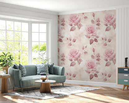 Removable Wallpaper, Pink Roses - Peel & Stick, Reusable, Self Adhesive, 26 Inch Fixed Panels, Easy Install, Seamless