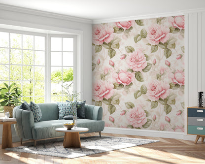 Removable Wallpaper, Pink and Green Rose - Peel & Stick, Reusable, Self Adhesive, 26 Inch Fixed Panels, Easy Install, Seamless