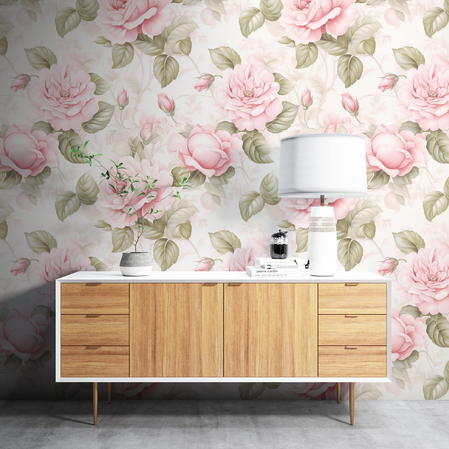 Removable Wallpaper, Pink and Green Rose - Peel & Stick, Reusable, Self Adhesive, 26 Inch Fixed Panels, Easy Install, Seamless