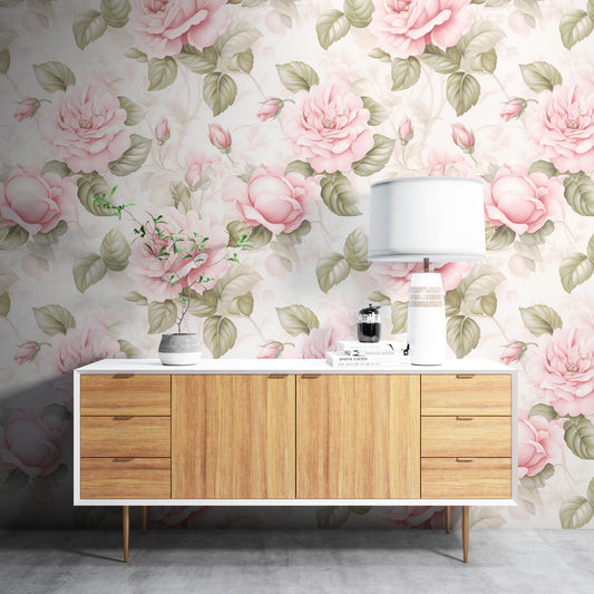 Removable Wallpaper, Pink and Green Rose - Peel & Stick, Reusable, Self Adhesive, 26 Inch Fixed Panels, Easy Install, Seamless