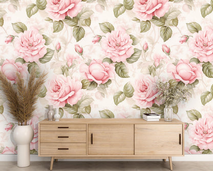 Removable Wallpaper, Pink and Green Rose - Peel & Stick, Reusable, Self Adhesive, 26 Inch Fixed Panels, Easy Install, Seamless