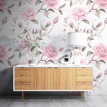 Removable Wallpaper, Pink, Green Rose - Peel & Stick, Reusable, Self Adhesive, 26 Inch Fixed Panels, Easy Install, Seamless