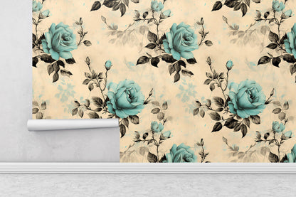 Removable Wallpaper, Blue and Black Rose - Peel & Stick, Reusable, Self Adhesive, 26 Inch Fixed Panels, Easy Install, Seamless