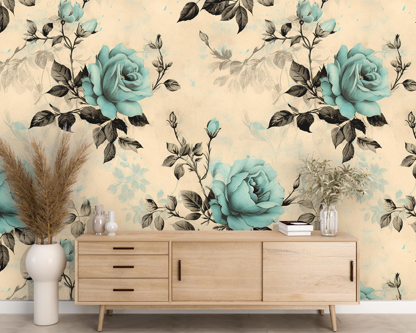 Removable Wallpaper, Blue and Black Rose - Peel & Stick, Reusable, Self Adhesive, 26 Inch Fixed Panels, Easy Install, Seamless