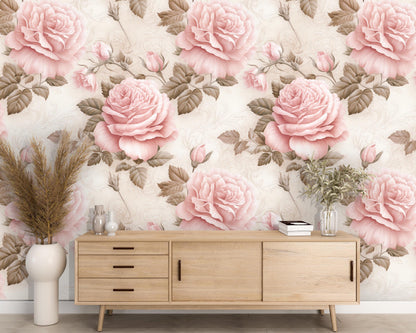 Removable Wallpaper, Pink and Cream Rose - Peel & Stick, Reusable, Self Adhesive, 26 Inch Fixed Panels, Easy Install, Seamless