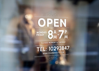 Store Hours - Vinyl Window Decal, Standard / Custom Sizes, PEEL AND STICK, Window Sticker, for Storefront, Businesses, Café, Shop, and More!