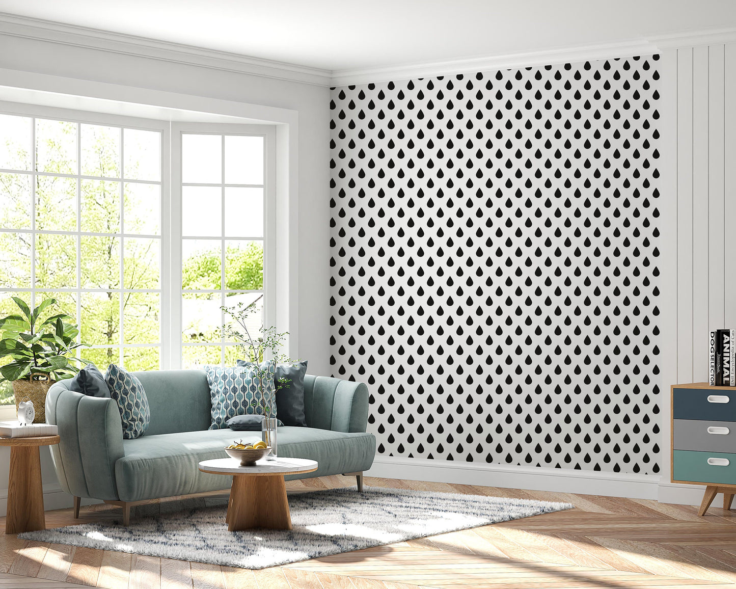 Removable Wallpaper, Black and White Drop Pattern - Peel & Stick, Reusable, Self Adhesive, 26 Inch Fixed Panels, Easy Install, Seamless