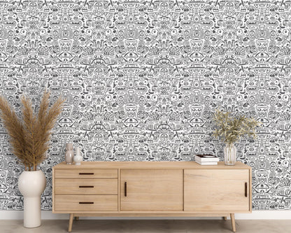 Removable Wallpaper, Black and White Doodle Design - Peel & Stick, Reusable, Self Adhesive, 26 Inch Fixed Panels Easy Install, Seamless