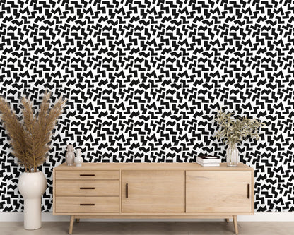 Removable Wallpaper, Black and White Geo Pattern - Peel & Stick, Reusable, Self Adhesive, 26 Inch Fixed Panels Easy Install, Seamless