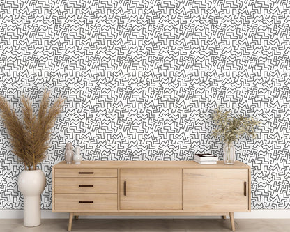 Removable Wallpaper, Black and White Geometry Design - Peel & Stick, Reusable, Self Adhesive, 26 Inch Fixed Panels EZ Install, Seamless