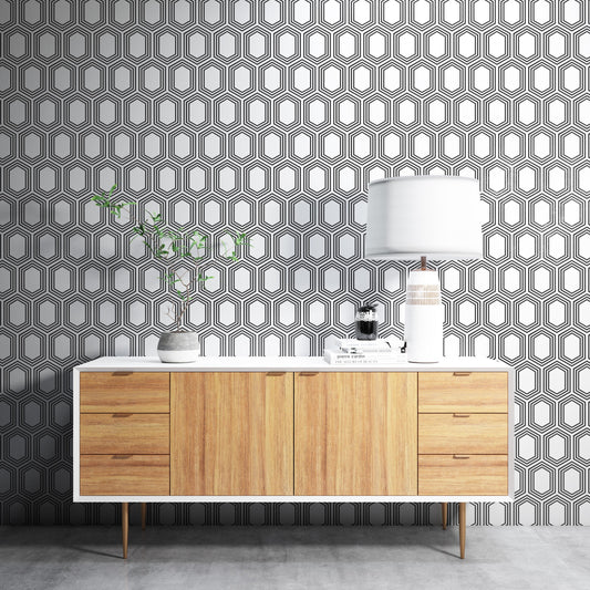 Removable Wallpaper, Black and White Hexagon -Peel & Stick, Reusable, Self Adhesive, 26 Inch Fixed Panels Easy Install, Seamless Home decor