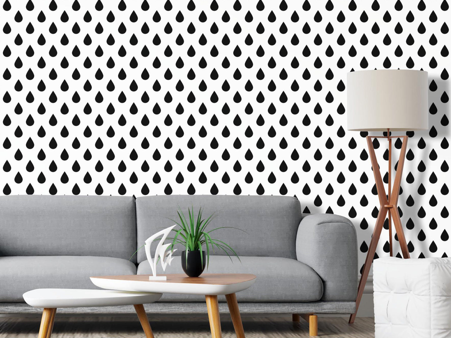 Removable Wallpaper, Black and White Drop Pattern - Peel & Stick, Reusable, Self Adhesive, 26 Inch Fixed Panels, Easy Install, Seamless