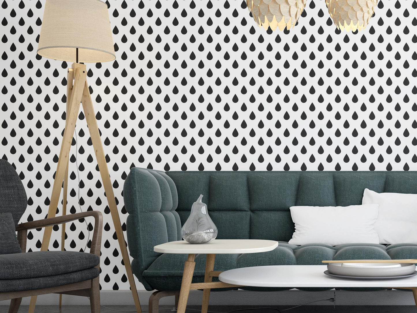 Removable Wallpaper, Black and White Drop Pattern - Peel & Stick, Reusable, Self Adhesive, 26 Inch Fixed Panels, Easy Install, Seamless