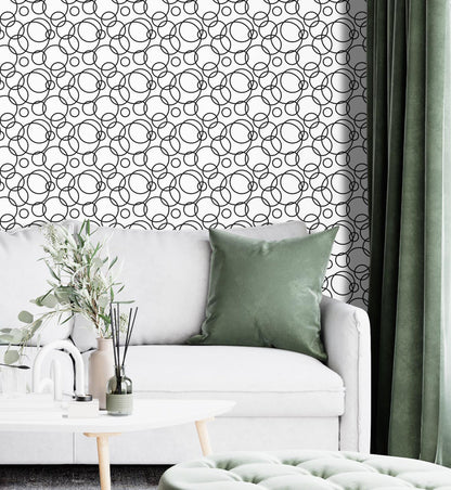 Removable Wallpaper, Black and White Bubbles - Peel & Stick, Reusable, Self Adhesive, 26 Inch Fixed Panels, Easy Install, Seamless