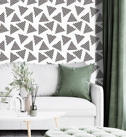 Removable Wallpaper, Black and White Triangles - Peel & Stick, Reusable, Self Adhesive, 26 Inch Fixed Panels Easy Install, Seamless