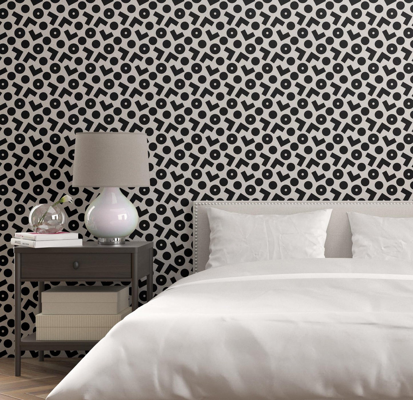 Removable Wallpaper, Black and White Shapes Design - Peel & Stick, Reusable, Self Adhesive, 26 Inch Fixed Panels Easy Install, Seamless