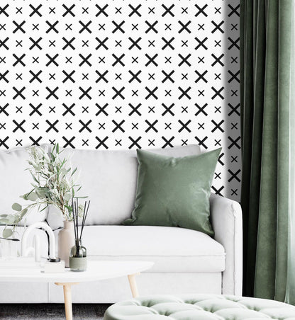 Removable Wallpaper, Black and White X Pattern - Peel & Stick, Reusable, Self Adhesive, 26 Inch Fixed Panels Easy Install, Seamless