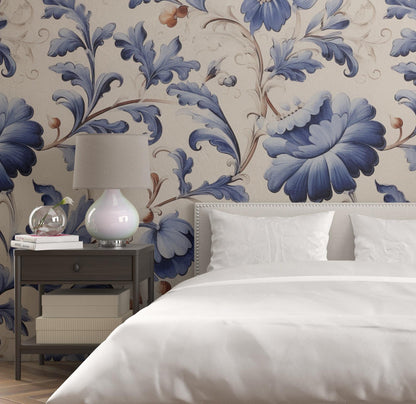 Removable Wallpaper, Blue and White Floral - Peel & Stick, Reusable, Self Adhesive, 26 Inch Fixed Panels, Easy Install, Seamless