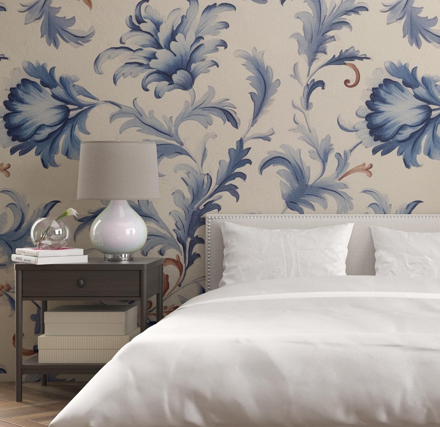 Removable Wallpaper, Blue Floral - Custom Printed, Peel & Stick, Reusable, Self Adhesive, 26 Inch Fixed Panels, Easy Install, Seamless