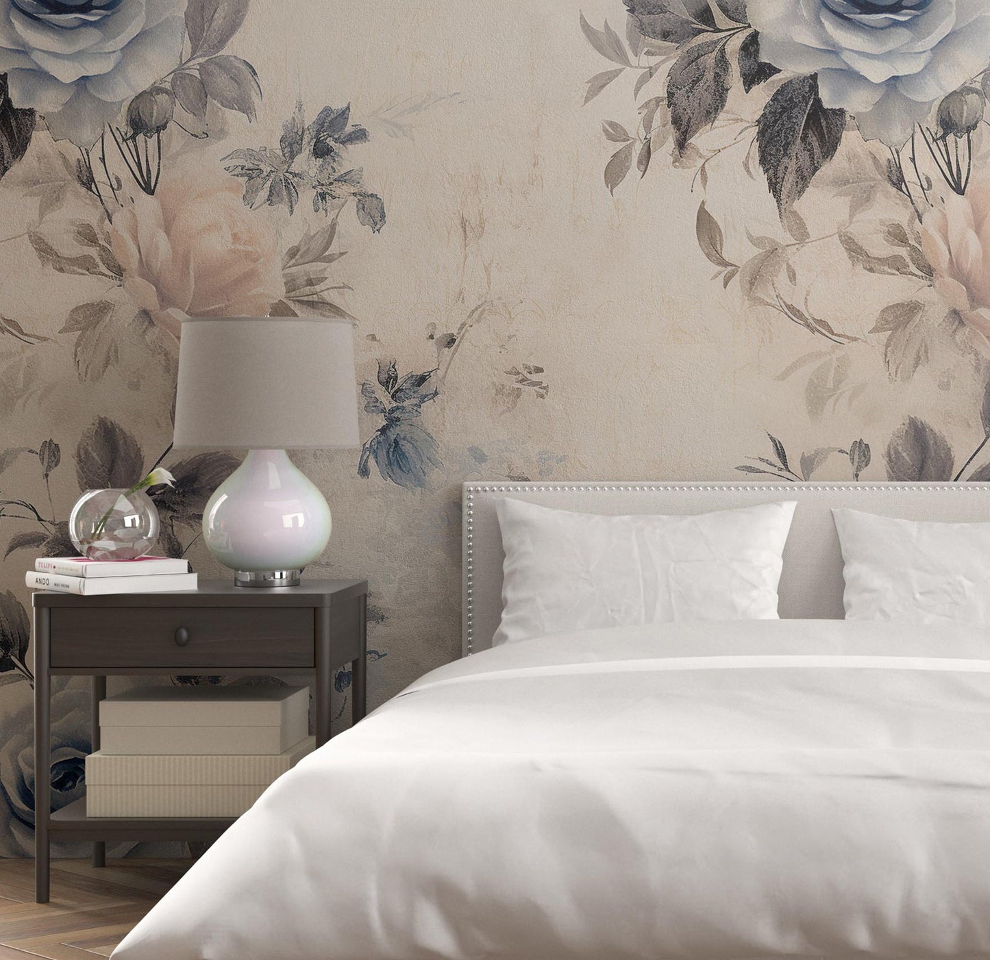 Removable Wallpaper, Blue and Cream Rose - Peel & Stick, Reusable, Self Adhesive, 26 Inch Fixed Panels, Easy Install, Seamless