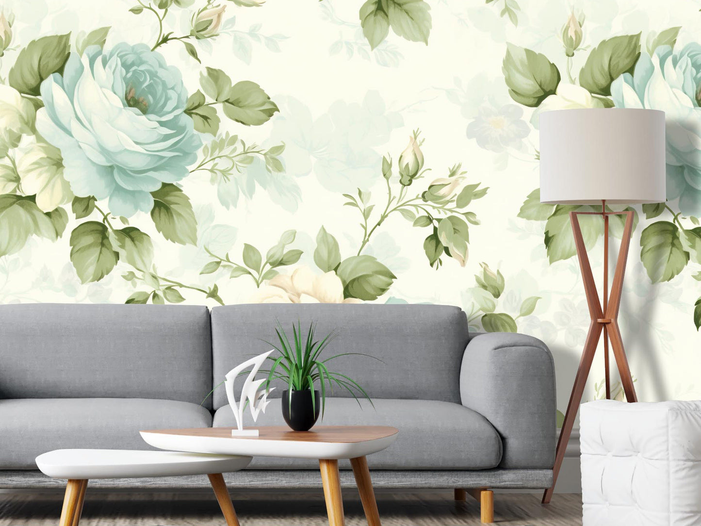 Removable Wallpaper, Green and Blue Rose Floral - Peel & Stick, Reusable, Self Adhesive, 26 Inch Fixed Panels, Easy Install, Seamless