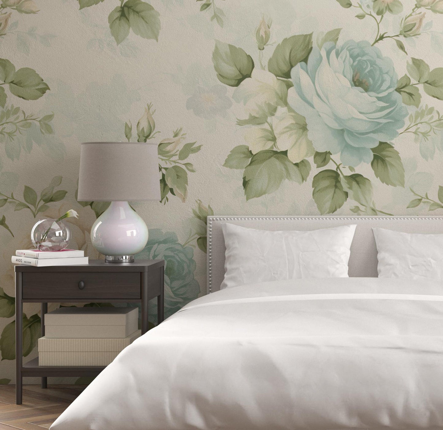 Removable Wallpaper, Green and Blue Rose Floral - Peel & Stick, Reusable, Self Adhesive, 26 Inch Fixed Panels, Easy Install, Seamless