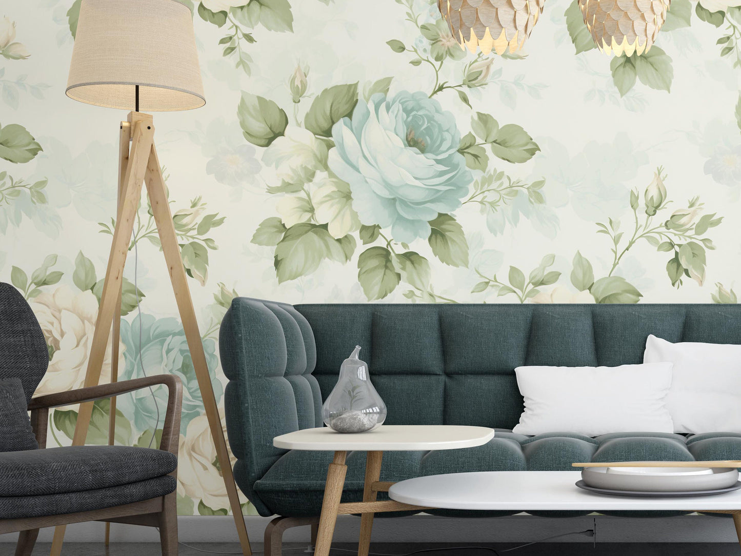 Removable Wallpaper, Green and Blue Rose Floral - Peel & Stick, Reusable, Self Adhesive, 26 Inch Fixed Panels, Easy Install, Seamless