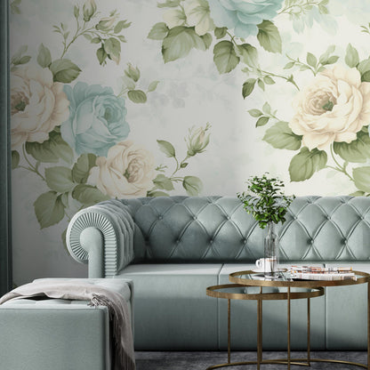 Removable Wallpaper, Green and Blue Rose Floral - Peel & Stick, Reusable, Self Adhesive, 26 Inch Fixed Panels, Easy Install, Seamless