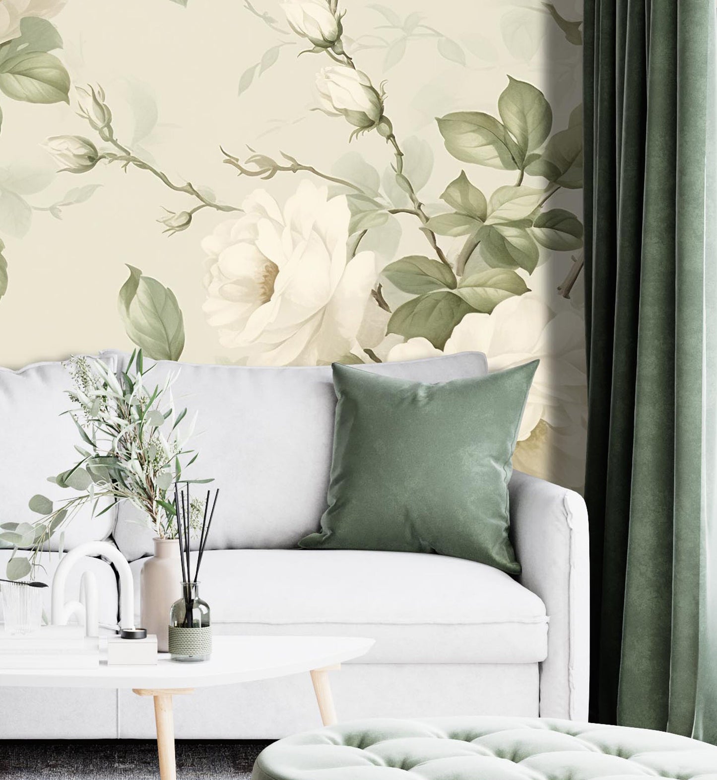 Removable Wallpaper, Green and White Rose Floral - Peel & Stick, Reusable, Self Adhesive, 26 Inch Fixed Panels, Easy Install, Seamless