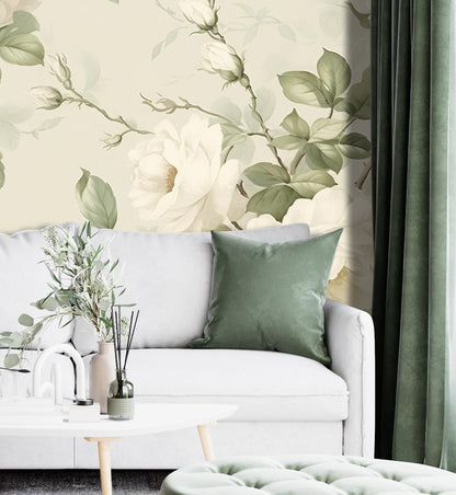 Removable Wallpaper, Green and White Rose Floral - Peel & Stick, Reusable, Self Adhesive, 26 Inch Fixed Panels, Easy Install, Seamless