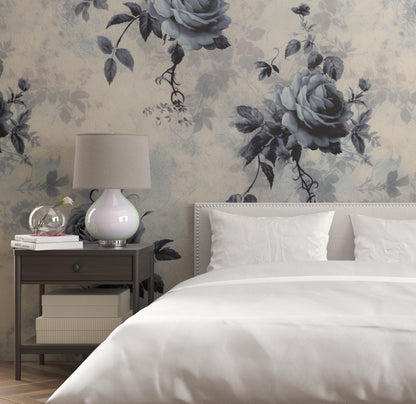 Removable Wallpaper, Vintage Rose Black - Peel & Stick, Reusable, Self Adhesive, 26 Inch Fixed Panels, Easy Install, Seamless