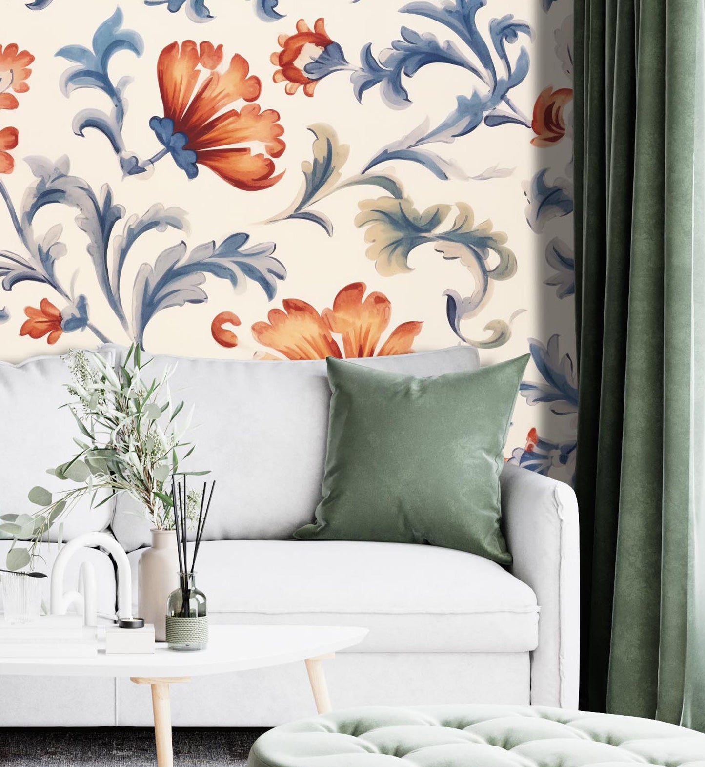 Removable Wallpaper, Blue and Orange Floral - Peel & Stick, Reusable, Self Adhesive, 26 Inch Fixed Panels, Easy Install, Seamless