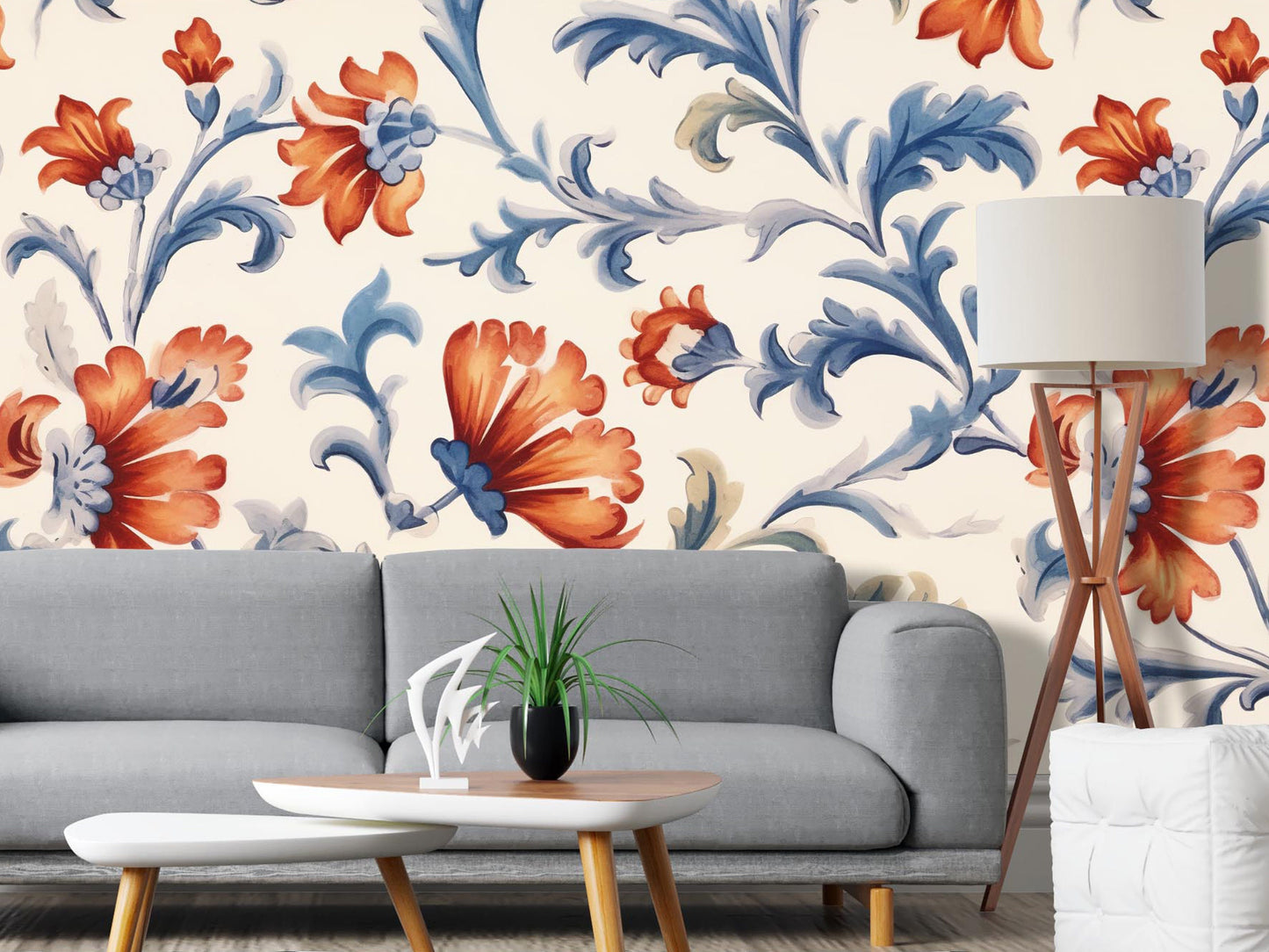 Removable Wallpaper, Blue and Orange Floral - Peel & Stick, Reusable, Self Adhesive, 26 Inch Fixed Panels, Easy Install, Seamless