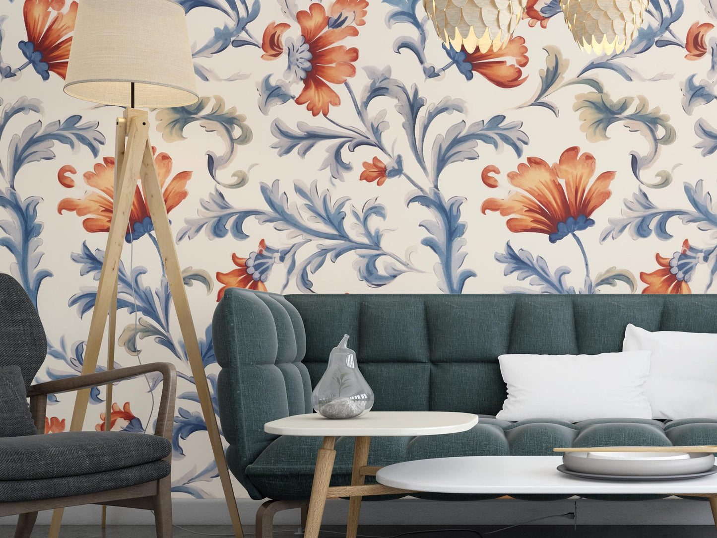 Removable Wallpaper, Blue and Orange Floral - Peel & Stick, Reusable, Self Adhesive, 26 Inch Fixed Panels, Easy Install, Seamless