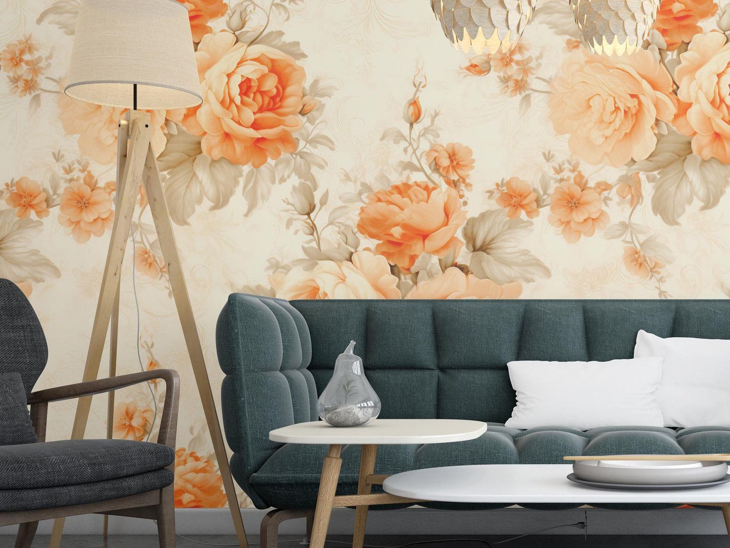 Orange Floral Removable Wallpaper- Peel & Stick, Reusable, Self Adhesive, Rose Pattern, 26 Inch Fixed Panels, Easy Install, Seamless