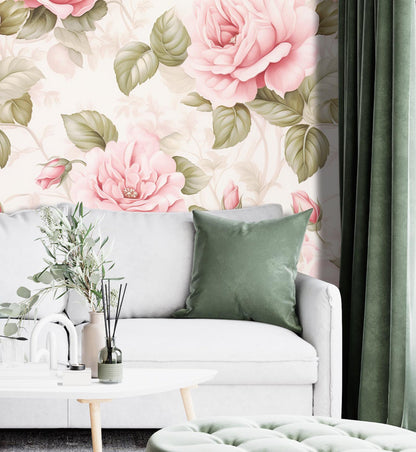 Removable Wallpaper, Pink and Green Rose - Peel & Stick, Reusable, Self Adhesive, 26 Inch Fixed Panels, Easy Install, Seamless