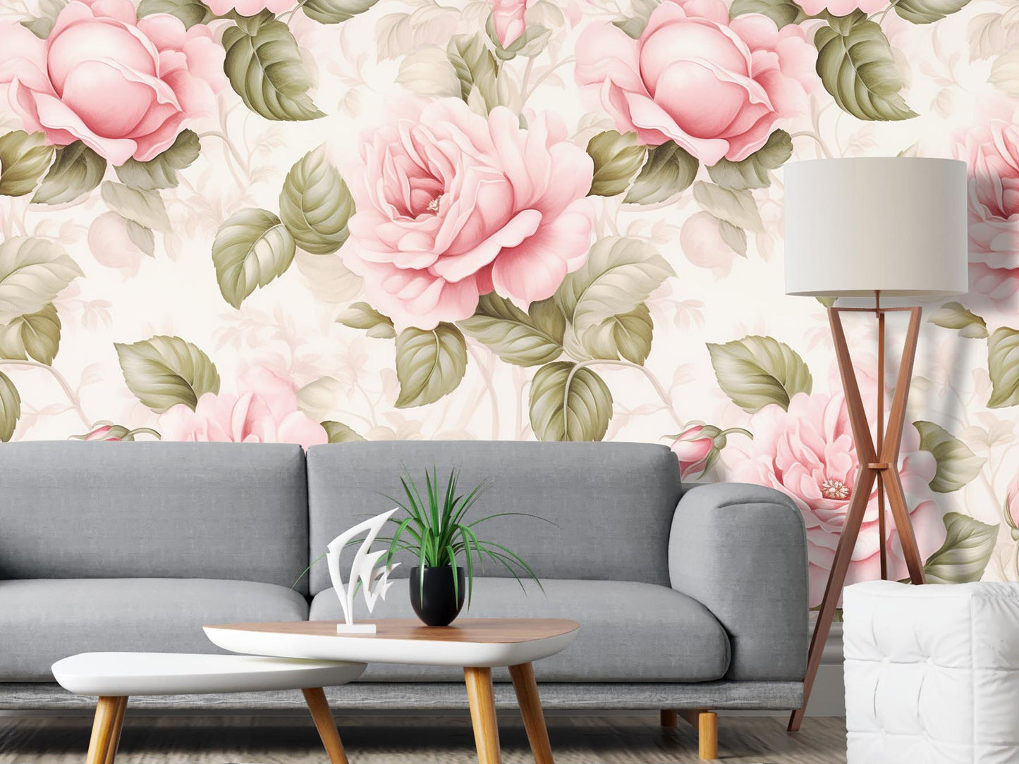 Removable Wallpaper, Pink and Green Rose - Peel & Stick, Reusable, Self Adhesive, 26 Inch Fixed Panels, Easy Install, Seamless