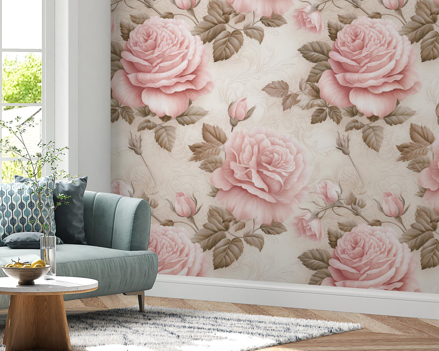 Removable Wallpaper, Pink and Cream Rose - Peel & Stick, Reusable, Self Adhesive, 26 Inch Fixed Panels, Easy Install, Seamless