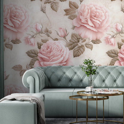 Removable Wallpaper, Pink and Cream Rose - Peel & Stick, Reusable, Self Adhesive, 26 Inch Fixed Panels, Easy Install, Seamless