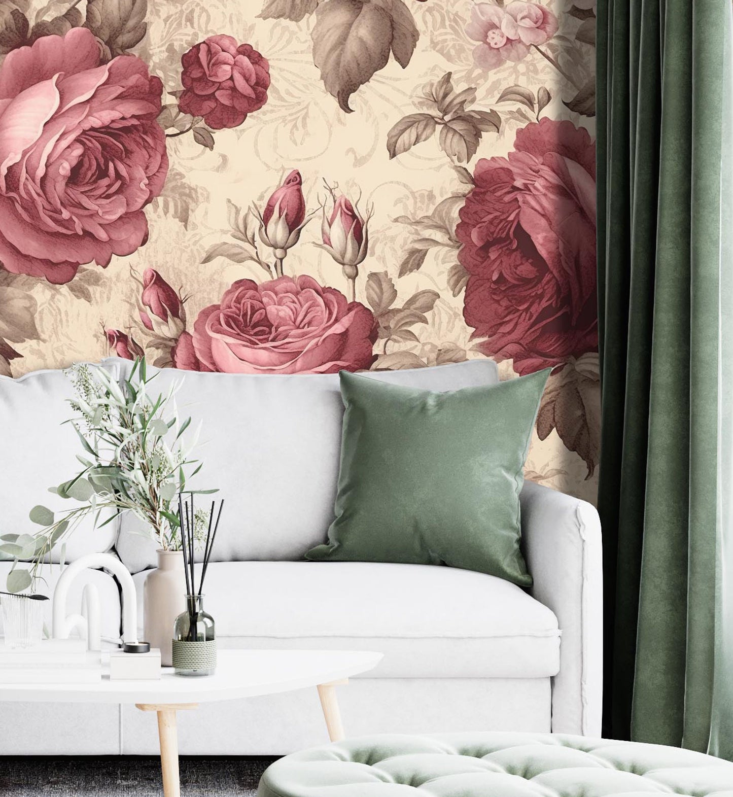 Red Rose Removable Wallpaper, Vintage Floral Wallpaper - Peel & Stick, Reusable, Self Adhesive, 26 Inch Fixed Panels, Easy Install