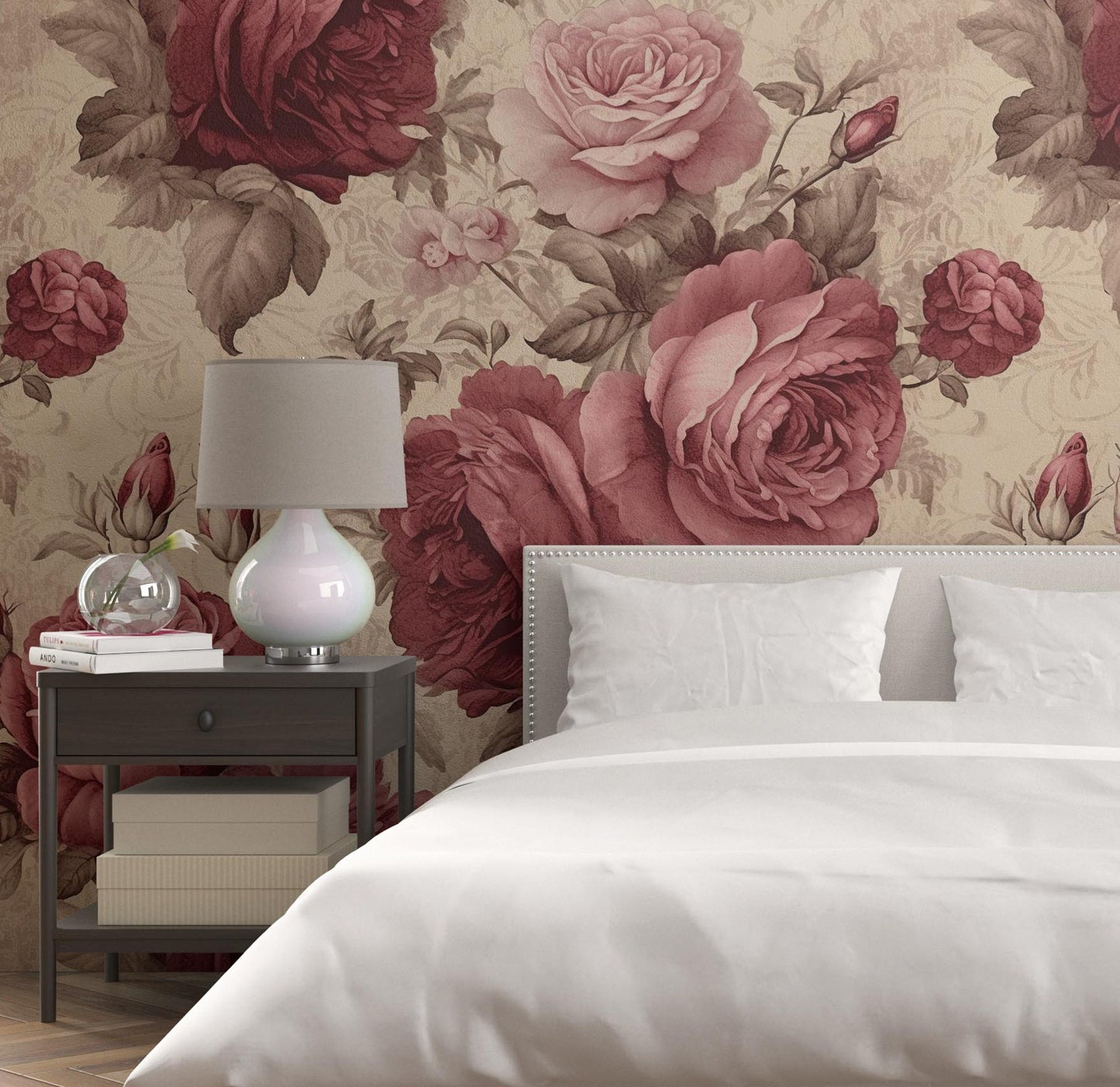 Red Rose Removable Wallpaper, Vintage Floral Wallpaper - Peel & Stick, Reusable, Self Adhesive, 26 Inch Fixed Panels, Easy Install