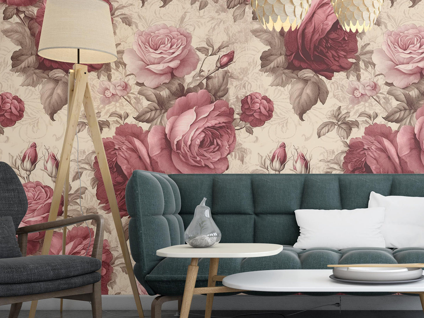 Red Rose Removable Wallpaper, Vintage Floral Wallpaper - Peel & Stick, Reusable, Self Adhesive, 26 Inch Fixed Panels, Easy Install