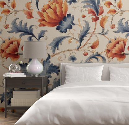 Removable Wallpaper, Orange, Blue and Red Floral - Peel & Stick, Reusable, Self Adhesive, 26 Inch Fixed Panels, Easy Install, Seamless