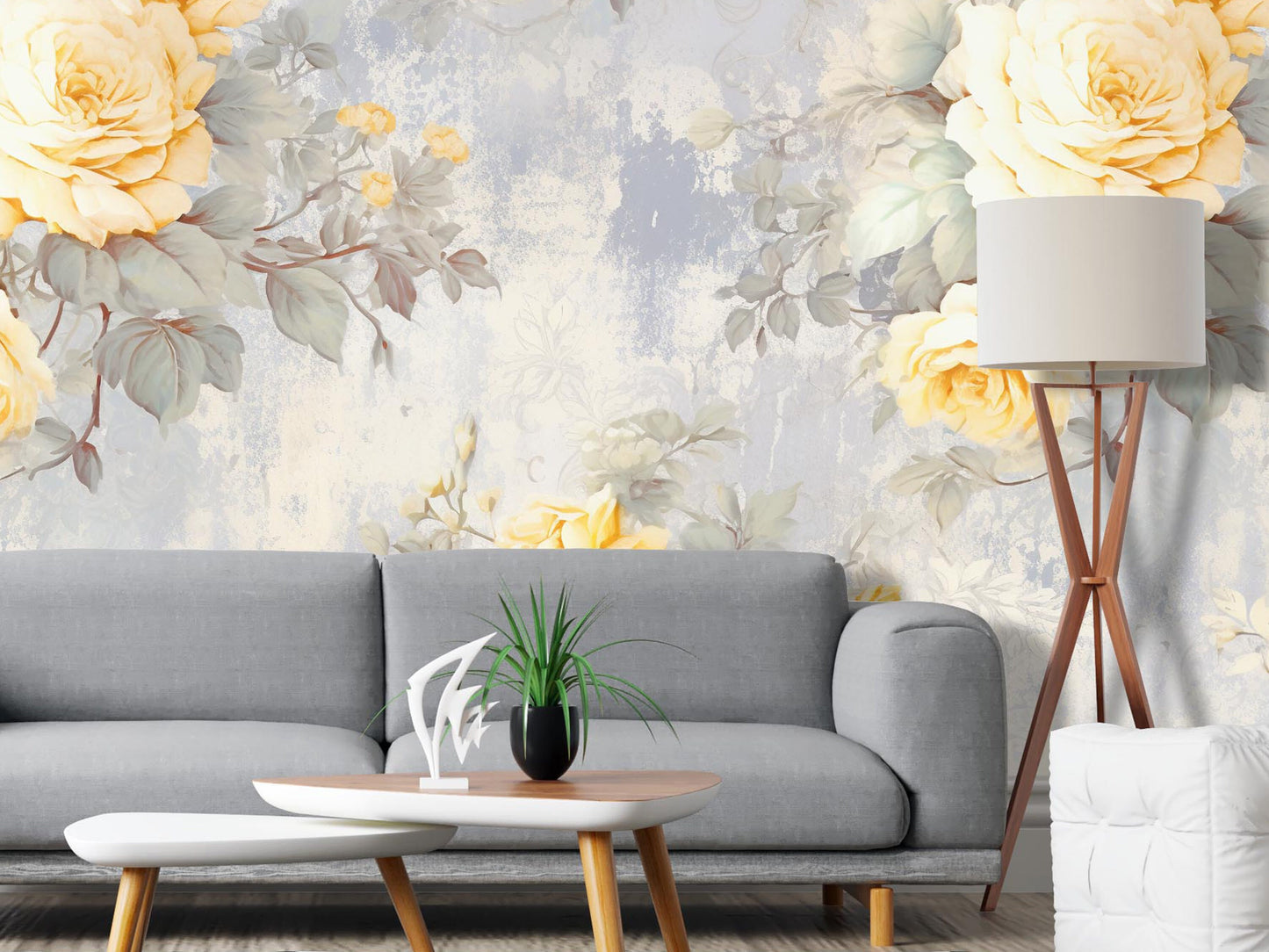 Removable Wallpaper, Yellow and Gray Rose - Peel & Stick, Reusable, Self Adhesive, 26 Inch Fixed Panels, Easy Install, Seamless