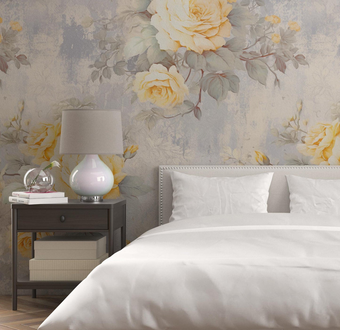 Removable Wallpaper, Yellow and Gray Rose - Peel & Stick, Reusable, Self Adhesive, 26 Inch Fixed Panels, Easy Install, Seamless